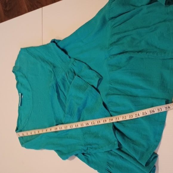 Bryan Walker Blue Asymmetrical Ruffle Hem Ruffle Sleeve Cotton Blouse A12 - Picture 2 of 6